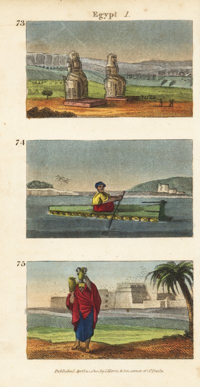As grandes ruínas dos Colossi de Memnon em Luxor no sul do Egito 73, jangadas de barro no Nilo 74, e mulheres carregando cântaros de água em suas cabeças 74 de English School