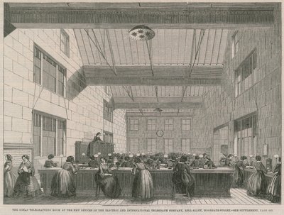 A grande sala de telegrafia nos novos escritórios da Companhia Telegráfica Elétrica e Internacional de English School