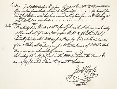 A caligrafia de James Cook, julho de 1771 de English School