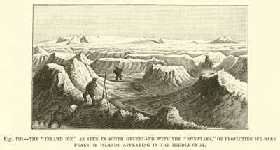 O gelo interior visto no sul da Groenlândia, com os Nunataks, ou projetando picos ou ilhas geladas, aparecendo no meio dele de English School