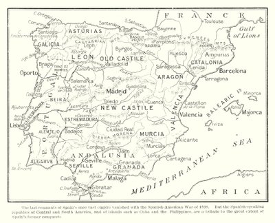 Os últimos vestígios do outrora vasto império espanhol desapareceram com a Guerra Hispano-Americana de 1898 (litografia) de English School