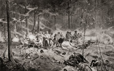 A última posição do Major Allan Wilson no rio Shangani, Matabeleland, durante a Primeira Guerra Matabele em 1893, segundo a pintura de Allan Stewart, de "South Africa and the Transvaal War: Vol. 1" de Louis Creswicke, publicado em 1900 (litografia) de English School