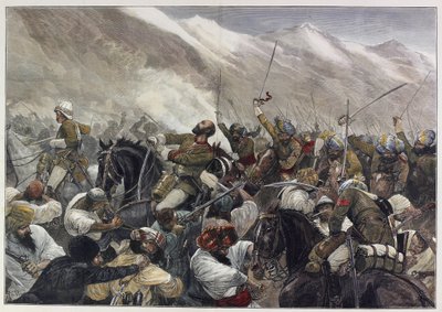 O final da Guerra do Afeganistão: Morte do Major Wigram Battye na batalha de Futtehabad 30 de Abril (gravura colorida) de English School