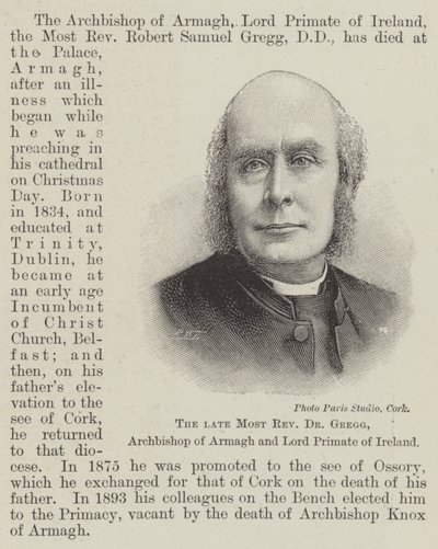 O falecido Reverendíssimo Dr. Gregg, Arcebispo de Armagh e Lord Primate of Ireland (gravura) de English School