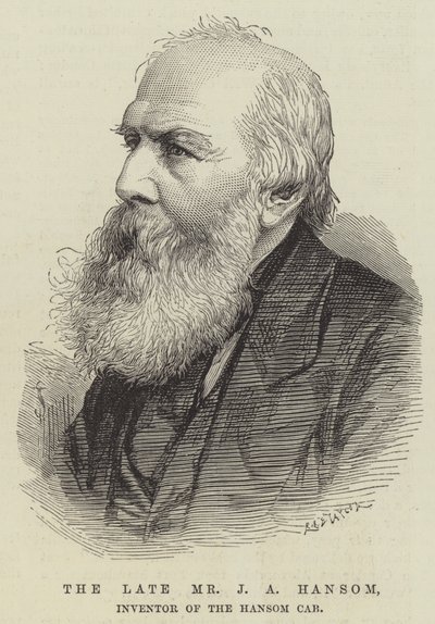 O falecido Sr. J A Hansom, Inventor da Cabine Hansom (gravura) de English School
