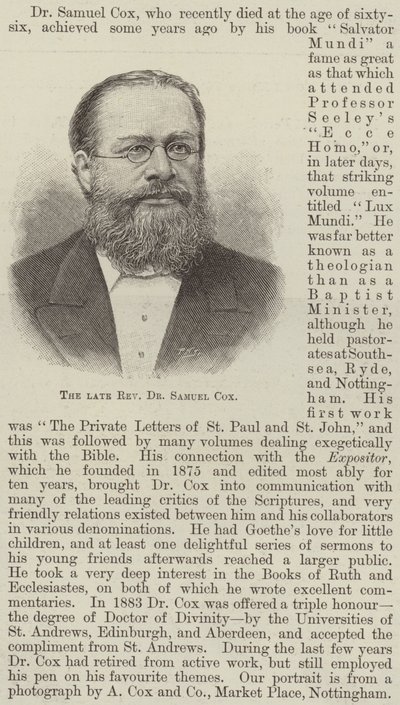 O falecido Reverendo Dr. Samuel Cox (gravura) de English School