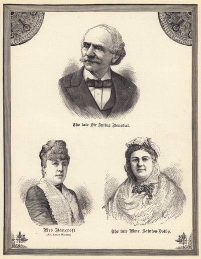 O falecido Sir Julius Benedict, a Sra. Bancroft (nee Marie Wilton), a falecida Madame Sainton Dolby (gravura) de English School