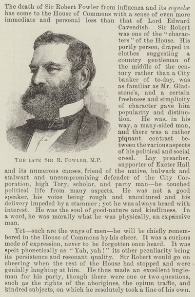 O falecido Sir R Fowler, deputado (gravura) de English School