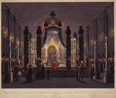 O estado dos restos mortais de F M O Duque de Wellington no Chelsea Hospital, Novembro de 1852 (gravura a cores) de English School