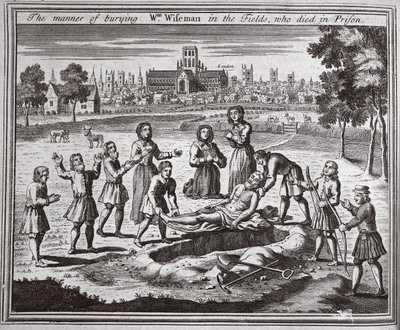 A maneira de enterrar Wm Wiseman nos campos, que morreu na prisão, ilustração de Foxes Martyrs c.1703 de English School