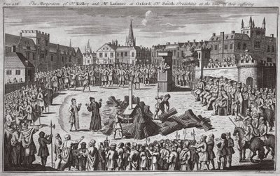 O martírio do Dr. Ridley e do Sr. Latimer em Oxford, com o Dr. Smith a pregar na altura do seu sofrimento, ilustração de "Foxes Martyrs", c.1703 (litografia) de English School