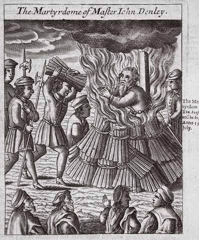 O martírio de Master John Denley, ilustração de "Acts and Monuments" de John Foxe, nona edição, pub. 1684 (litografia) de English School