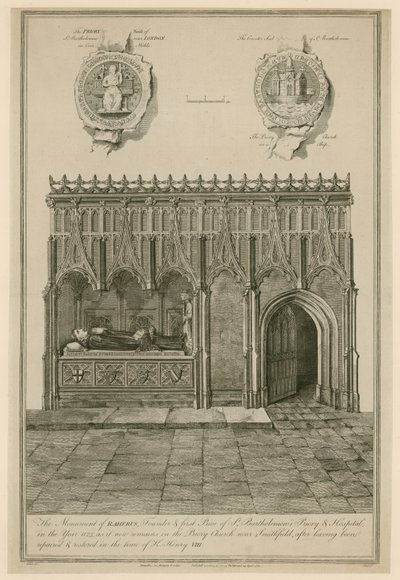 O momumento de Raherus, fundador e primeiro prior de St. Bartholomews Priory and Hospital no ano 1123 de English School