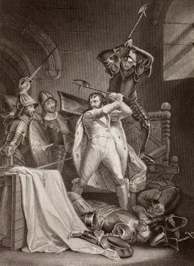 O assassinato de Ricardo II de Inglaterra no Castelo de Pontefract em 1400 (litografia) de English School