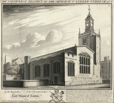 A perspectiva do noroeste da igreja de St. Andrew Under Shaft de English School