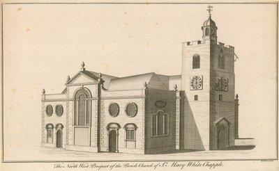 A perspectiva do noroeste da Igreja Paroquial de St. Mary, Whitechaple, Londres de English School
