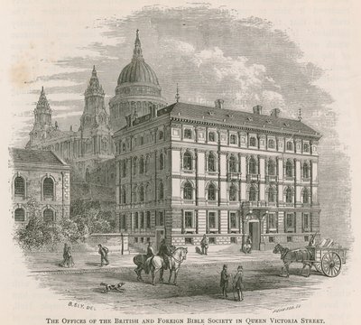 Os escritórios da Sociedade Bíblica Britânica e Estrangeira na Queen Victoria Street, Londres de English School