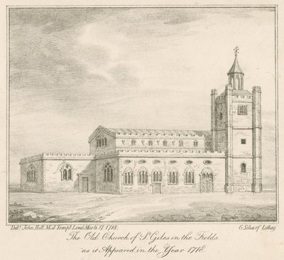 A antiga igreja de St Giles nos campos, Londres, como apareceu no ano de 1718 de English School