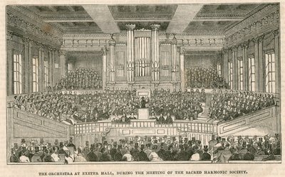 A orquestra em Exeter Hall, Londres, durante o encontro da Sociedade Sagrada Harmonia de English School