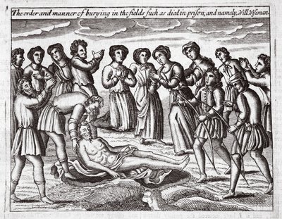 A ordem e a maneira de enterrar nos campos como morreu na prisão, e a saber, Will Wiseman, ilustração de Atos e Monumentos de John Foxe, nona edição, pub. 1684 de English School