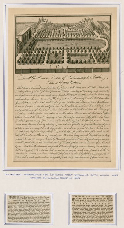 O prospecto original para o primeiro banho de natação de Londons de English School