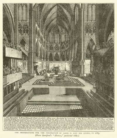 Os preparativos para a coroação de Tiago II e Sua Rainha, em 1685, a partir da "História" de Sandford, publicada em 1687 (gravura) de English School