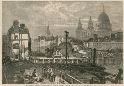 A ferrovia trabalha em Blackfriars e se abre em direção a Ludgate Hill, Londres, vista da ponte temporária de English School