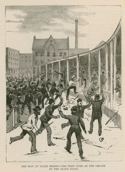 O tumulto em Lillie Bridge, Londres: A primeira corrida na esquina da Grand Stand de English School