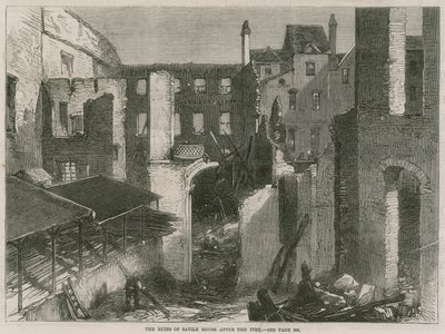 As ruínas de Savile House, Leicester Square, Londres, após o incêndio de English School