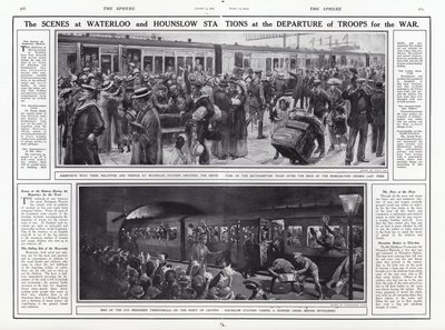 As cenas nas estações Waterloo e Hounslow na partida das tropas para a guerra, Primeira Guerra Mundial, agosto de 1914 de English School