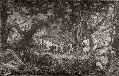 Os batedores da expedição de socorro a Emin Pasha, de Sir Henry Morton Stanley, em África, em 1888, descobrem pigmeus a transportar uma caixa de munições, publ. 1890 de English School