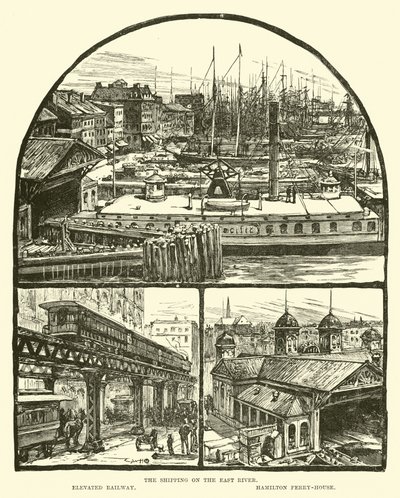 O transporte no East River; Ferrovia elevada; Hamilton Ferry-house de English School