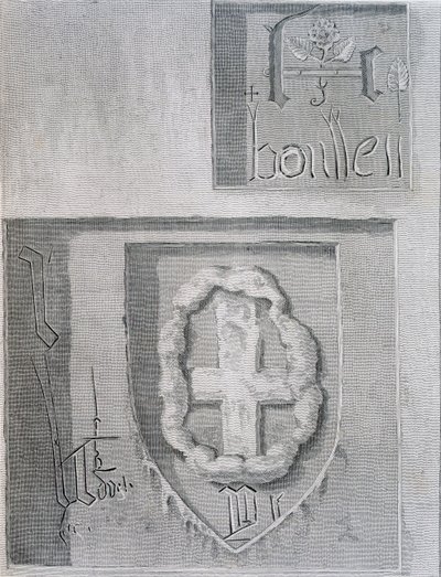 A assinatura de Ana Bolena com a Tudor Rose durante o seu encarceramento na Torre de Londres e outro prisioneiro esculpindo uma cruz, 1815 de English School
