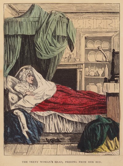 A cabeça da mulher pequenina, a espreitar da cama (litografia a cores) de English School