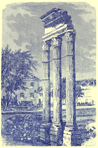 As três colunas no Templo de Castor, ilustração da História de Roma por Victor Duruy, publicado em 1884 (imagem digitalmente aprimorada) de English School