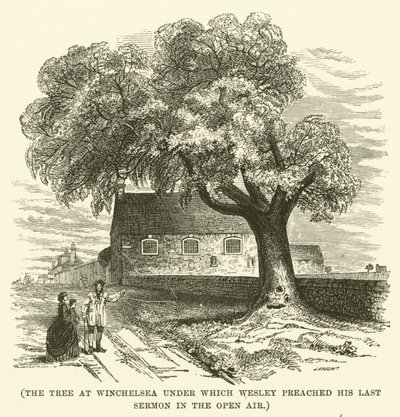 A árvore em Winchelsea sob a qual Wesley pregou o seu último sermão ao ar livre (gravura) de English School