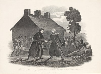 O encontro inesperado de Lord Wellington e Blucher na La Belle Alliance, pub. T Kelly, 1811 de English School