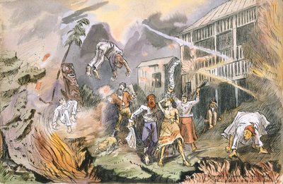 Na mesma noite todo o lugar explodiu, c.1880 (caneta e tinta com wc no papel) de English School