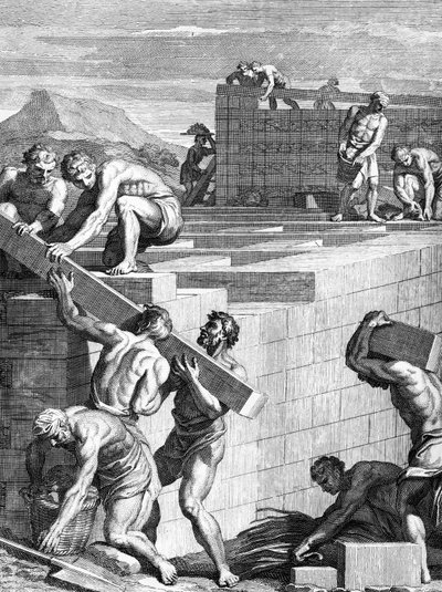 As muralhas das cidades entre os gauleses são construídas de cursos alternativos de pedras e vigas, gravadas por Cornelis Huyberts, ilustração de Caesars Commentaries traduzida para o inglês por William Duncan, de English School