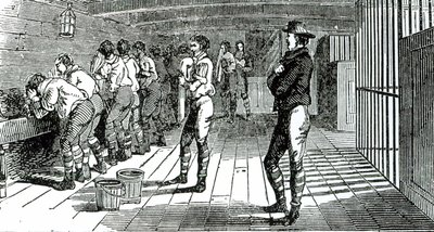 A sala de lavagem abaixo do convés - sindicalistas condenados sendo transportados para a Austrália, ilustrado em Os Mártires de Tolpuddle, publicado pelo Trades Union Congress, 1834 de English School