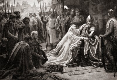 A esposa do rei Eduardo III, rainha Philippa de Hainault, intercede perante o seu marido para pedir que as vidas dos sete Burgos de Calais sejam poupadas (impressão) de English School