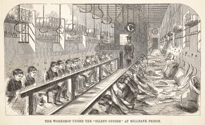 A oficina sob o sistema silencioso na prisão de Millbank, ilustração das prisões criminosas de Londres e cenas da vida da prisão por Henry Mayhew e por John Binny, bar. 1862 de English School