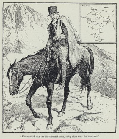 "O homem ferido, no seu cavalo exausto, cavalgando sozinho desde as montanhas" (litografia) de English School