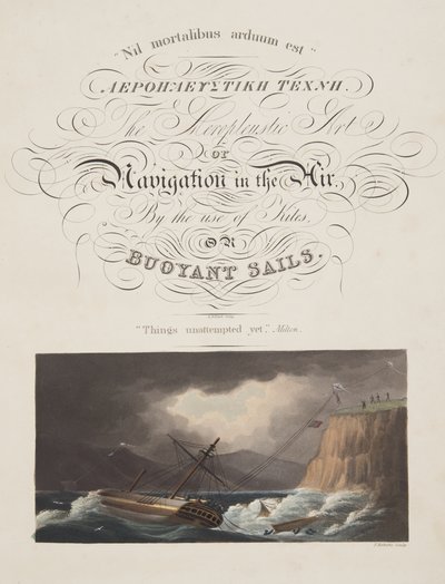 "Coisas tentadas ainda" , Milton, frontispício de "A Arte Aeromédica, ou Navegação no Ar, pelo Uso de Pipas, ou Velas Bóias, pub. 1827 (aquatint colorido à mão) de English School