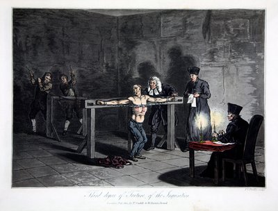 Terceiro Grau de Tortura da Inquisição, gravada por L.C. Stadler, pub. por Cadell & Davies, Londres, c.1813 (gravura a cores) de English School