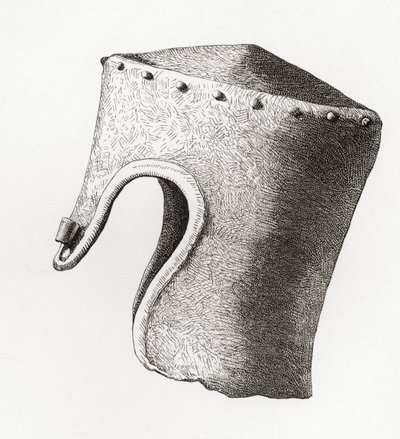 Capacete Cilíndrico de ponta plana do século XIII com Nasal, escavado no Castelo de Montgomery em 1841, do Exército Britânico: As suas Origens, Progresso e Equipamento, publicado em 1868. de English School