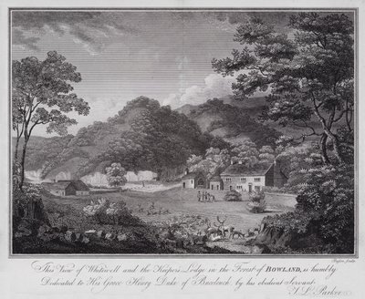 Esta Vista de Whitewell e da Loja do Guardião na Floresta de Bowland, é humildemente dedicada a Sua Graça Henry Duque de Buccleuch, pelo seu obediente Servo J L Parker (gravura) de English School