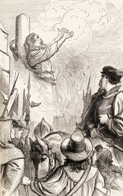 Thomas Hawkes queimado na fogueira durante as perseguições marianas, c.1865 (gravura em madeira) de English School
