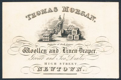 Thomas Morgan, drapeado de lã e linho, comerciante de produtos de mercearia e comerciante de chá, cartão comercial de English School