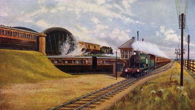 Três comboios expresso London e South Western Railway em Battledown Junction, Hampshire (cor litho) de English School
